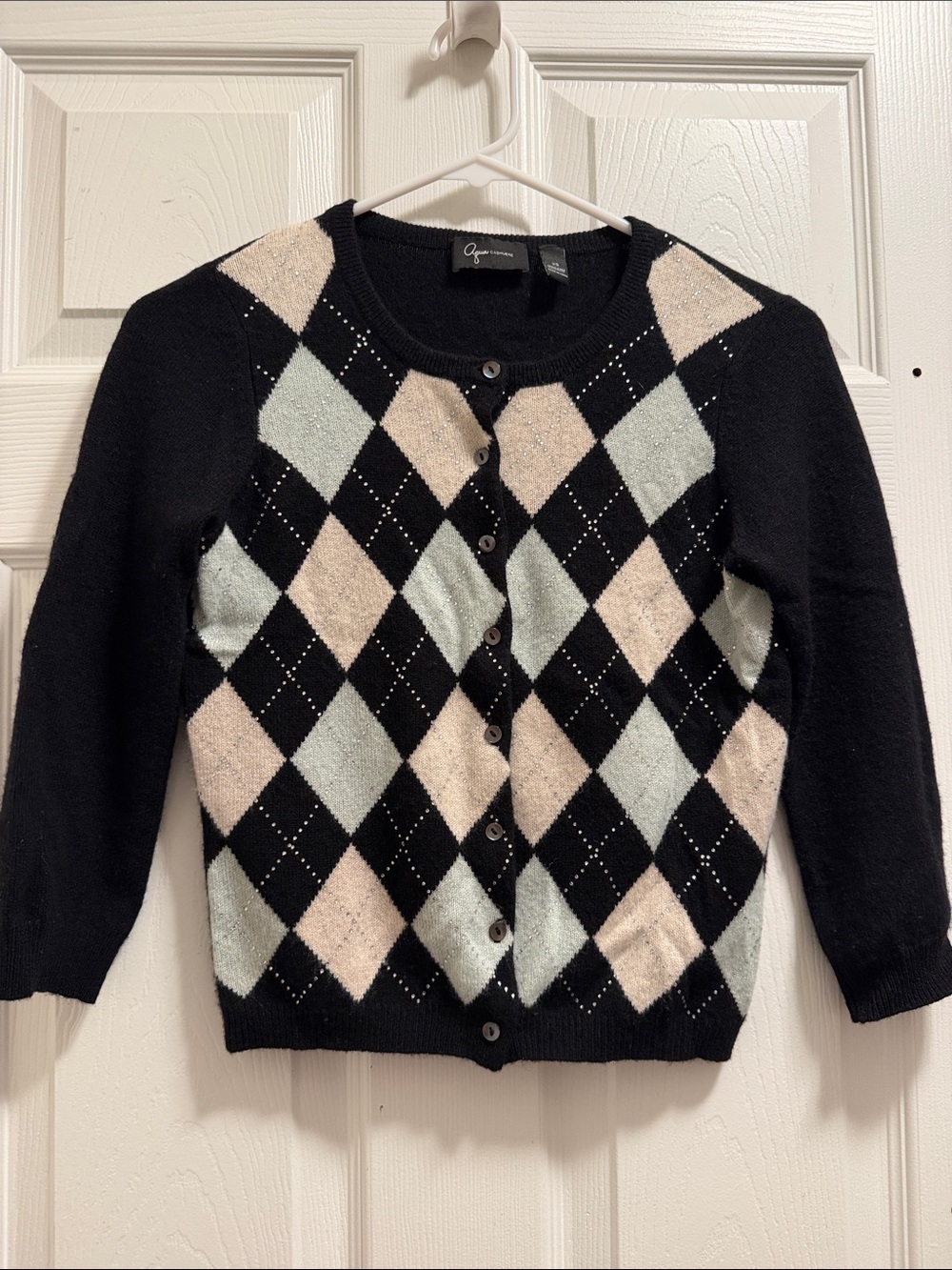 Aqua Cashmere Black Argyle Cardigan with Cream and Mint Diamonds